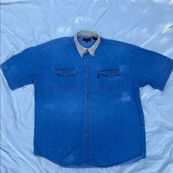 Vintage Roper Blue Denim Short Sleeve Shirt with Tan Collar - Picture 1 of 6